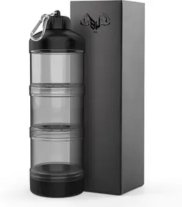 BYL 3 Layers Protein Travel Container with Funnel and  | Cute Protein and Kitchen Storage Containers | Clear Plastic Kitchen Grade Box Organisers for  and Travel (Black)