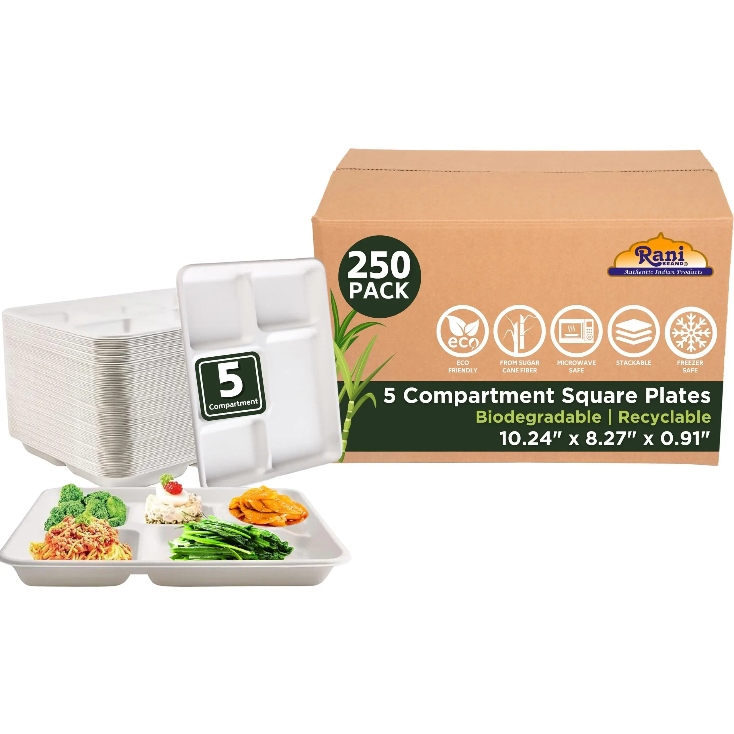 5 Compartment Square Biodegradable Divided Plates - Pack of 250 - Rani Brand Authentic Indian Products