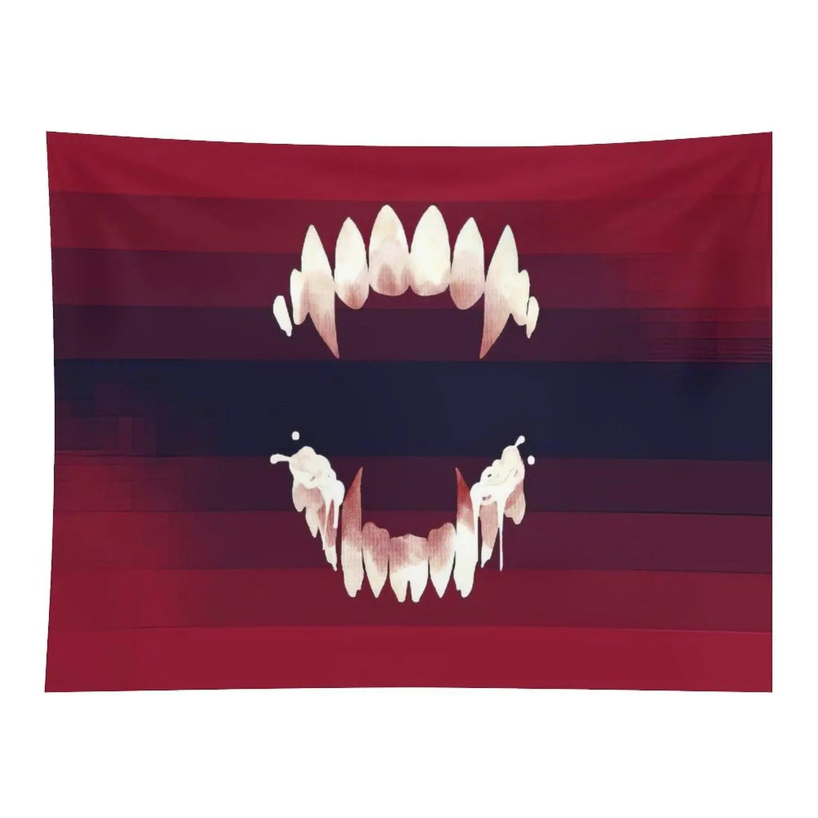 Vampire Fangs Art Tapestry Horror Sharp Teeth Pattern Wall Hanging Red Striped Background Gothic Decor for Bedroom Dorm Aesthetic Home Ornament