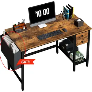 Lufeiya Computer Desk with Drawers - 40 Inch Work Reversible Small Desk for Bedroom Home Office, Simple Study Writing Table PC Desks with Drawer Storage Shelves, Rustic Brown, Get Free Gift