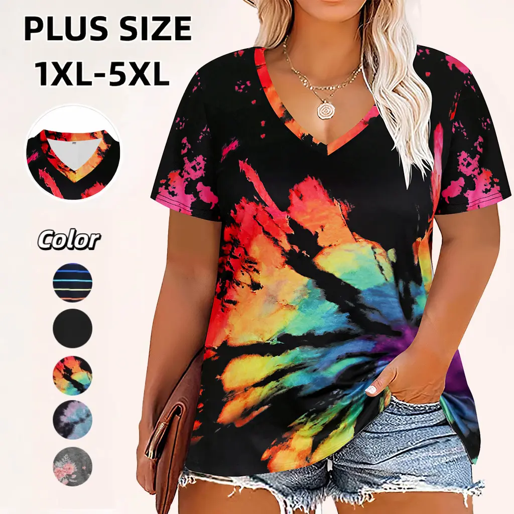 【Plus Size】Women's Tops, Tie-Dye V-Neck T-Shirts, Floral Tie-Dye Summer Short-Sleeve T-Shirts, Oversized Women's T-Shirts (XL–5XL) Curvy Polyester