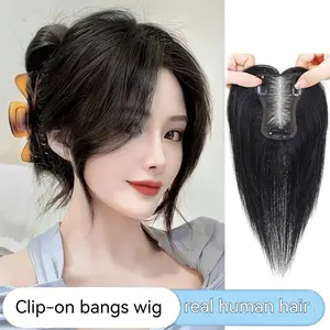 High Root Lift Real Human Hair Topper with Bangs – Volumizing Clip In Cover Gray Thinning Hair Natural Look for Women