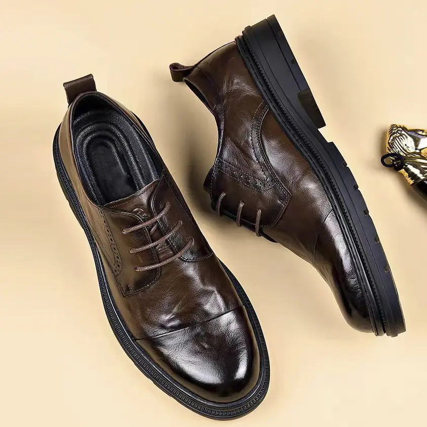 Men's Classic Cap Toe Oxford Shoes - Plain Leather Lace-Up Formal & Casual Dress Shoes with Cushioned Comfort Insole, Non-Slip Sole, Closed Footwear, Rubber, Laces, Formal Men's Oxfords, Closed Toe Men's Oxfords