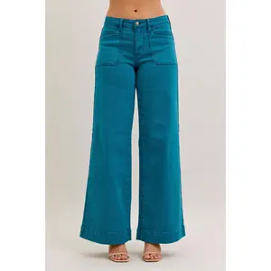 Judy Blue Teal Mid Rise Wide Leg Utility Jeans - Soft Stretch Cotton Fabric with a Relaxed Hip Fit for Everyday Wear, Style JB881061