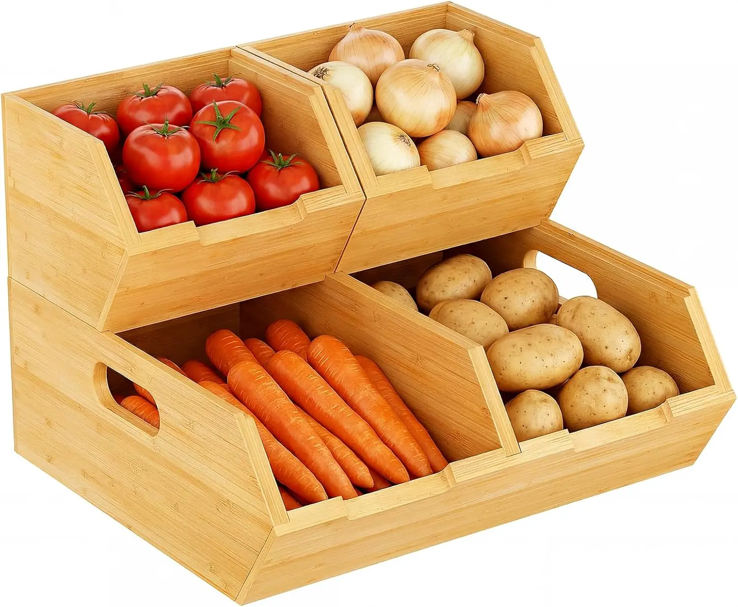 3 Pack Potato and Onion Storage Bin for Pantry and Kitchen Counter - Ventilated Stackable Bamboo Organizer Baskets with Handles - Multipurpose Organization Containers for Fruit, Vegetable, Pantry,dorm essentials,home decor