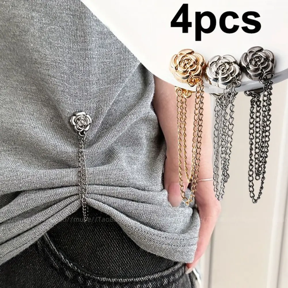 4pcs Camellia T-Shirt Buttons, Adjustable Buttons, Long Hem Fixing, Decorative Buttons, Button Design, Durable Metal Fasteners, Fashion Clips, Decoration, Clothing, Decorative Appeal