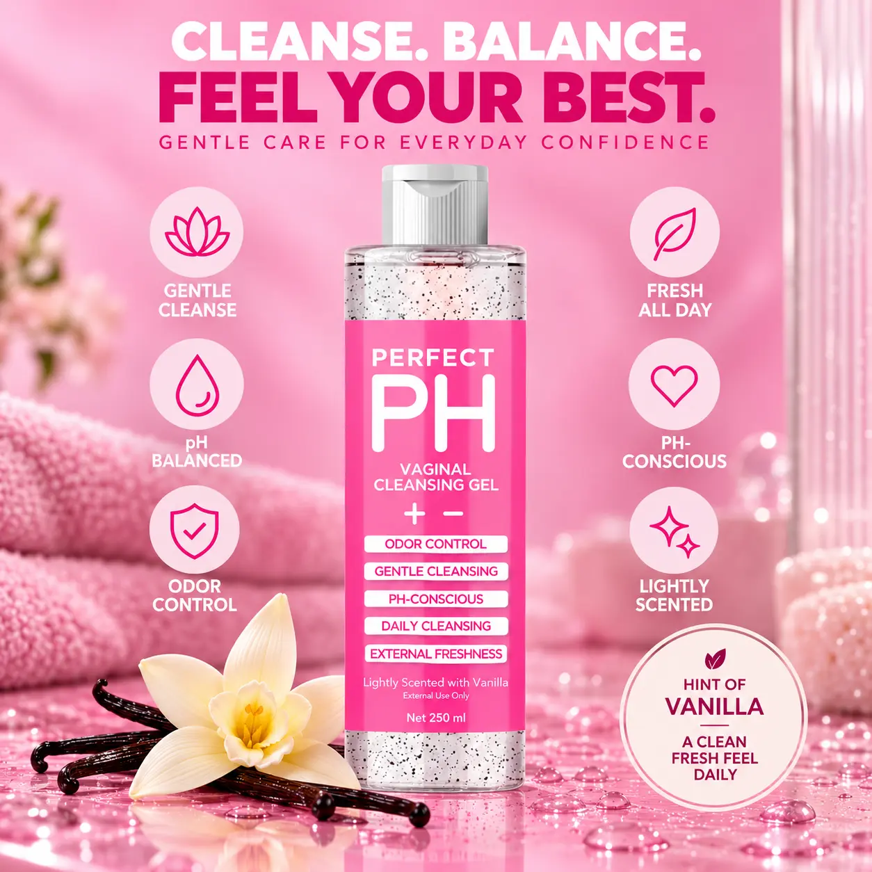 CBB Perfect PH Feminine Wash - 250mL Sensitive Nourishing Gentle Moisturizing Hydrating Intimate Cleanser, Daily Use, Vanilla Scent, Odor Control