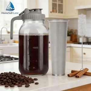 Cold Brew Coffee Maker Pitcher, 64 Oz & 32 Oz Glass Mason Jar, Stainless Steel Filter, V-Shaped Pour Spout