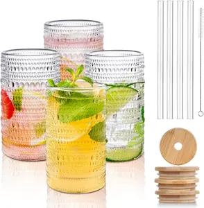 ANOTION 13.5 oz Vintage Hobnail Drinking Glasses Set of 4- With Lids and Straws - Highball Water Juice Iced coffee Glasses Cups for Kitchen