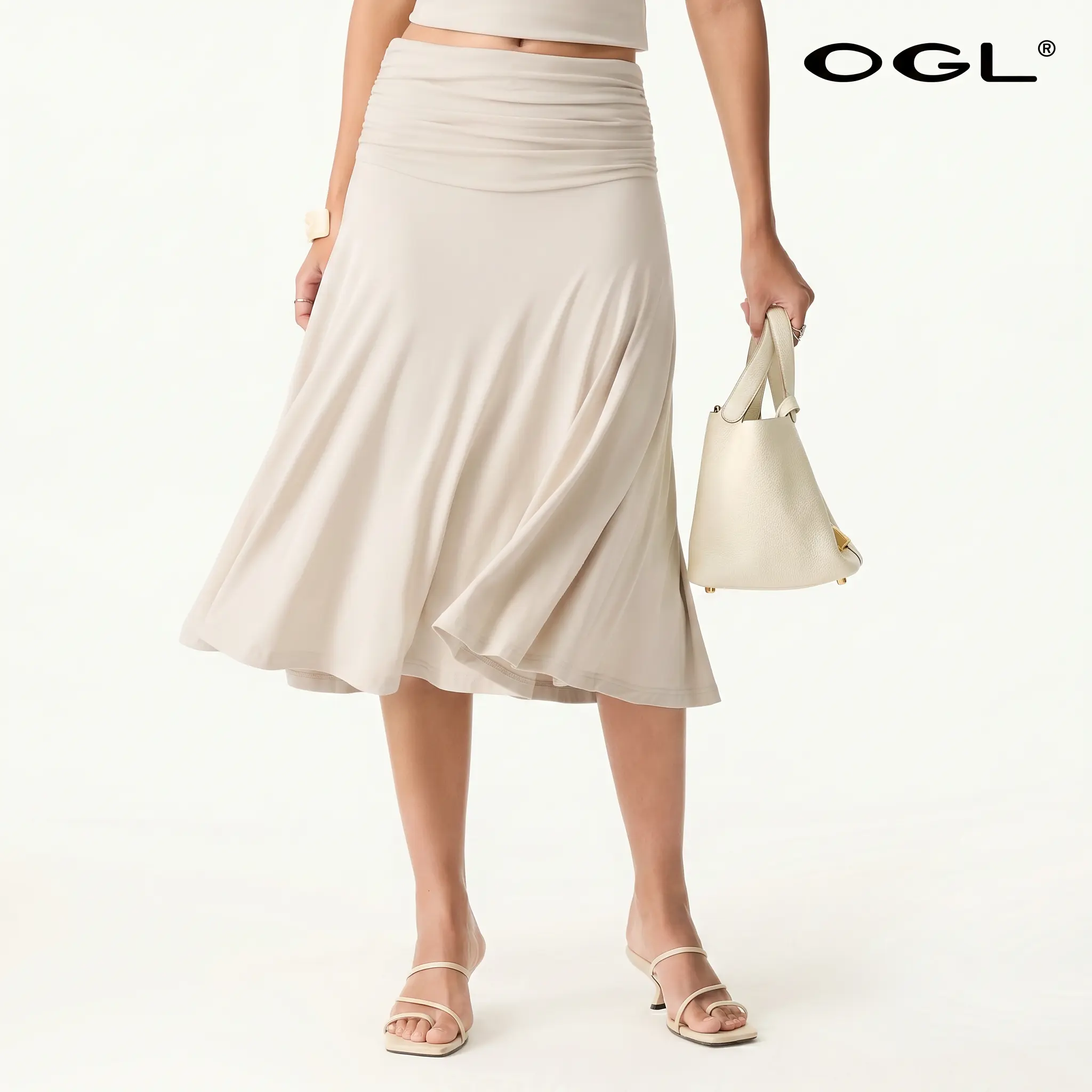OGL Flowy Side Ruched A-line Midi Skirt - High Stretch, Pear Shaped & Hourglass Friendly Women's Skirt thunder thigh skirt TikTokShopSummerSale