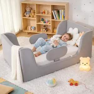 #Summervibes ABORON Toddler Bed, Toddler Floor Bed Frame with Removable Guard Rails, Small Bed for Kids Boys and Girls Standard Crib Size Toddler Bed, Certified Fabric Cute Nursery