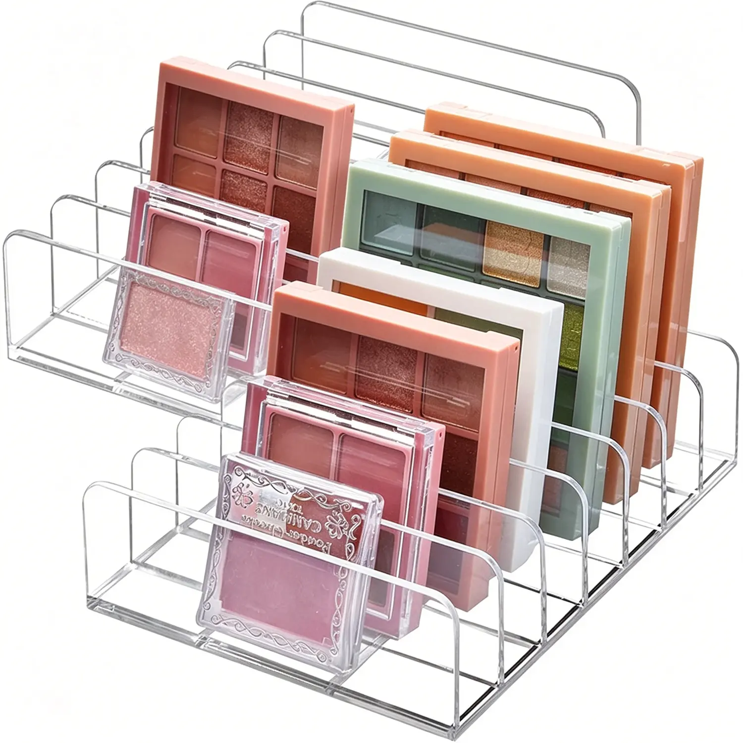 Acrylic Eyeshadow Palette Organizer 2-Pack - 7 Sections Clear Makeup Organizer, Compact Cosmetic Storage for Palettes, Contour, Blusher, Vanity Countertop Cabinet Drawer Organization