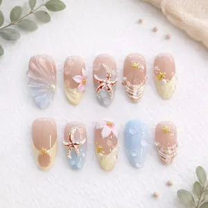 3D Ocean Beach Press On Nails Set, Starfish Shell Summer Nails, Hand Painted Mermaid Seashell Press On Nails