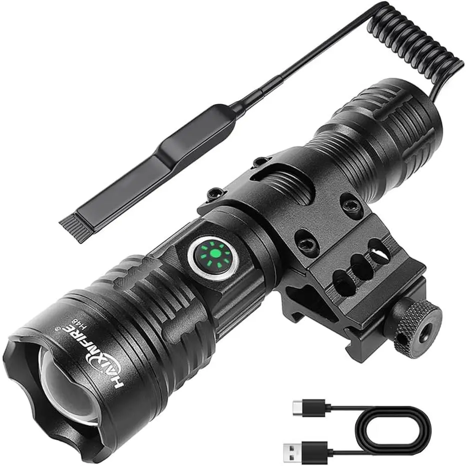 Tactical LED Flashlight with Type-C Charge, 6000 Lumens, Zoom Lens, Adjustable Focus, Aluminum Body, Pressure Switch, Picatinny Rail, Waterproof for Outdoor Camping, Luminous, Compact, Hiking