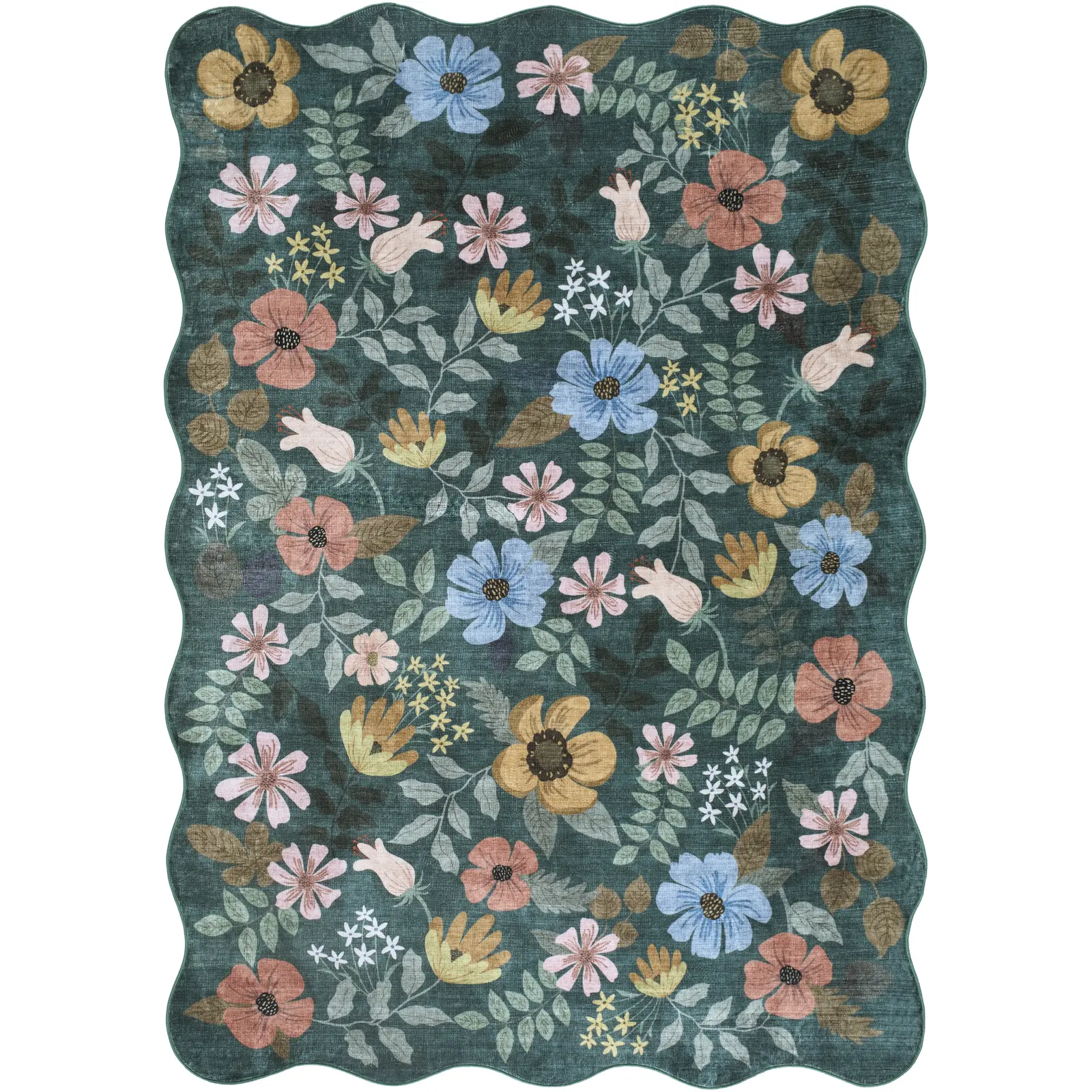 Livabliss Deep Green Low Pile Machine Woven Polyester Fiber Indoor Area Rug - Art Deco Floral Print, Scallop Edge, Machine Washable, Durable, High Traffic, Modern Elegance, Lays Flat to Dry for Living Room Decor
