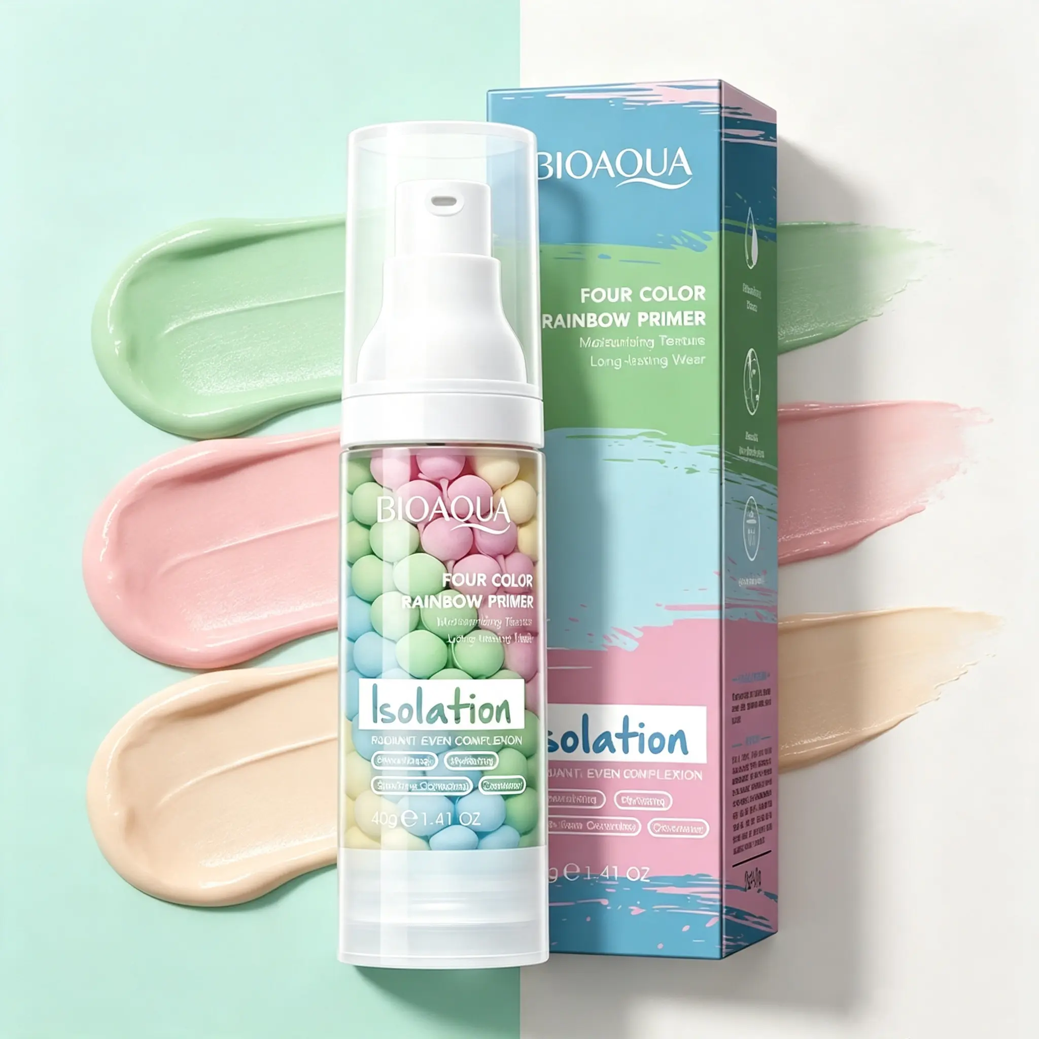 4 in 1 isolation cream, pre rainbow makeup isolation, hydration, effective and even skin tone, color correction, delicate pores, and long-lasting makeup