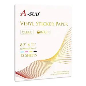 A-SUB Clear Sticker Paper for Inkjet Printers - Waterproof Transparent Printable Vinyl Sticker Paper - 15 Sheets 8.5x11 Inch Glossy Clear Label Paper