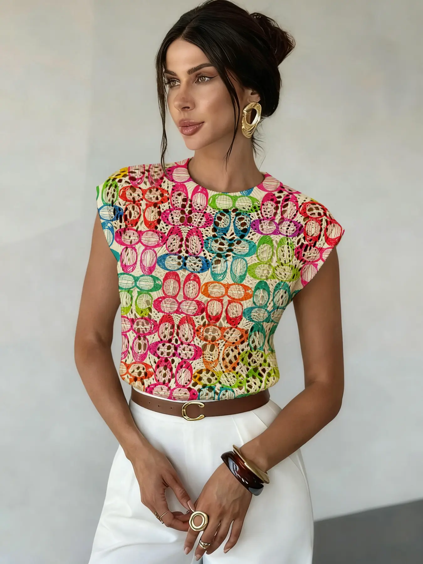 Geometric Pattern Colorblock Print Round Neck Fitted Sweater, Knitted Pullover, Casual Sleeveless Short Knitwear for Spring Summer Fall, Comfortable Warm Women's Clothing