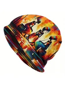 Biihudu African Women Print Beanie, Unisex Knit Beanie Hat, Fashionable Polyester & Spandex Blend, Men's Novelty Cap, No-Brim