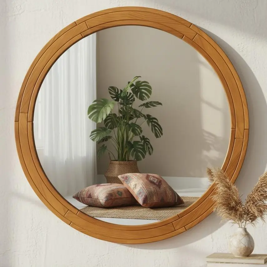 ZIYOO 30"x30" Wood Round Wall Mirror | Farmhouse Circle Hanging Mirror | Vintage Boho Wooden Frame Wall Decor for Bathroom, Bedroom, Entryway, Living Room | Home Decor Accent Mirror