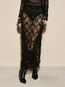 New Arrival! Women's Tassel Sequin Midi Skirt with Side Slit | Versatile for Home, Work, Leisure, Parties & Dates Womenswear