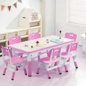 7PCS Kids Table and Chairs Set,Height Adjustable Toddler 1 Table 6 Chairs for Boys and Girls Ages 2-10,Children Multi-Activity Study Table w/Non-Slip Legs,Graffiti Desktop for Home Daycares