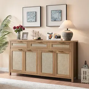PieDle Furniture Rattan Sideboard Buffet Cabinet, Boho Storage Cabinet with Adjustable Shelves, Farmhouse Credenza Coffee Bar Cabinets with 4 Doors & 3 Drawers for Living Room, Hallway & Kitchen