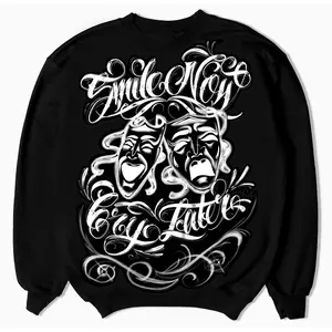 Smile Now, Cry Later' Airbrushed Crewneck (Black) Vintage Graphic Tee Good Chicano Style Design Vhicano Cholo Hoodie For Men Hoodies Luxury Dibujos Smile Chicanos T-shirt Sweatshirt Casual Classic