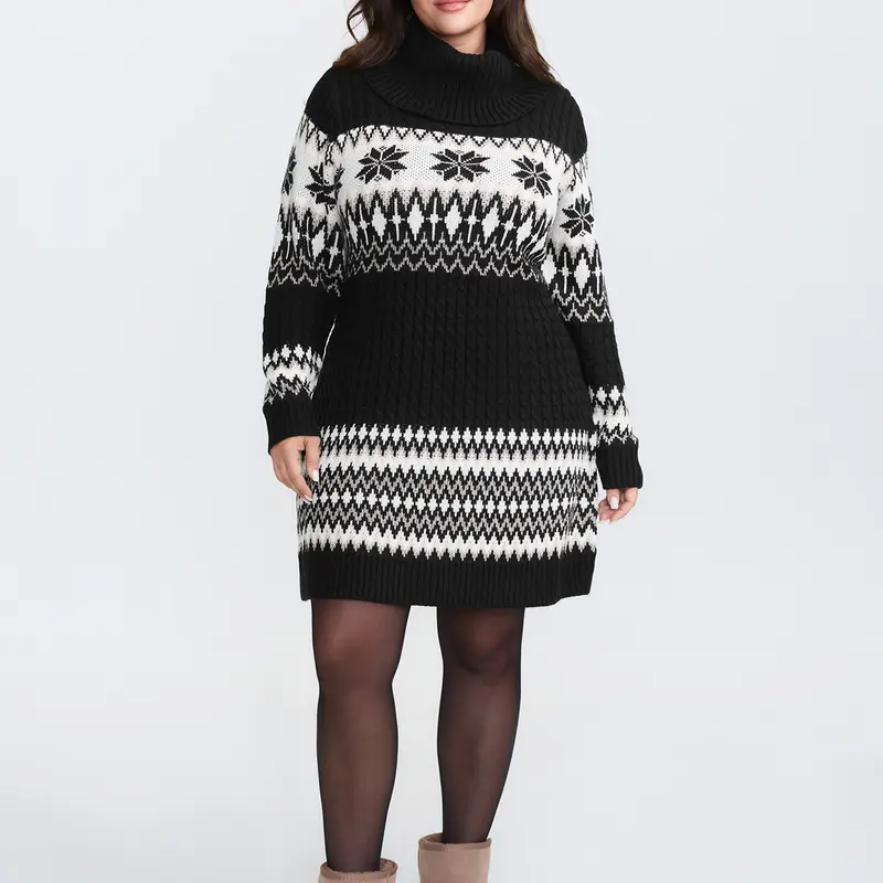 BloomChic Women's Casual Geometric Holiday Colorblock Knitting Tunic Dress - High Neck, Long Sleeves, Loose Fit, Acrylic Fabric, Hand Wash Only, Flat Dry, Low Iron, SohoChic