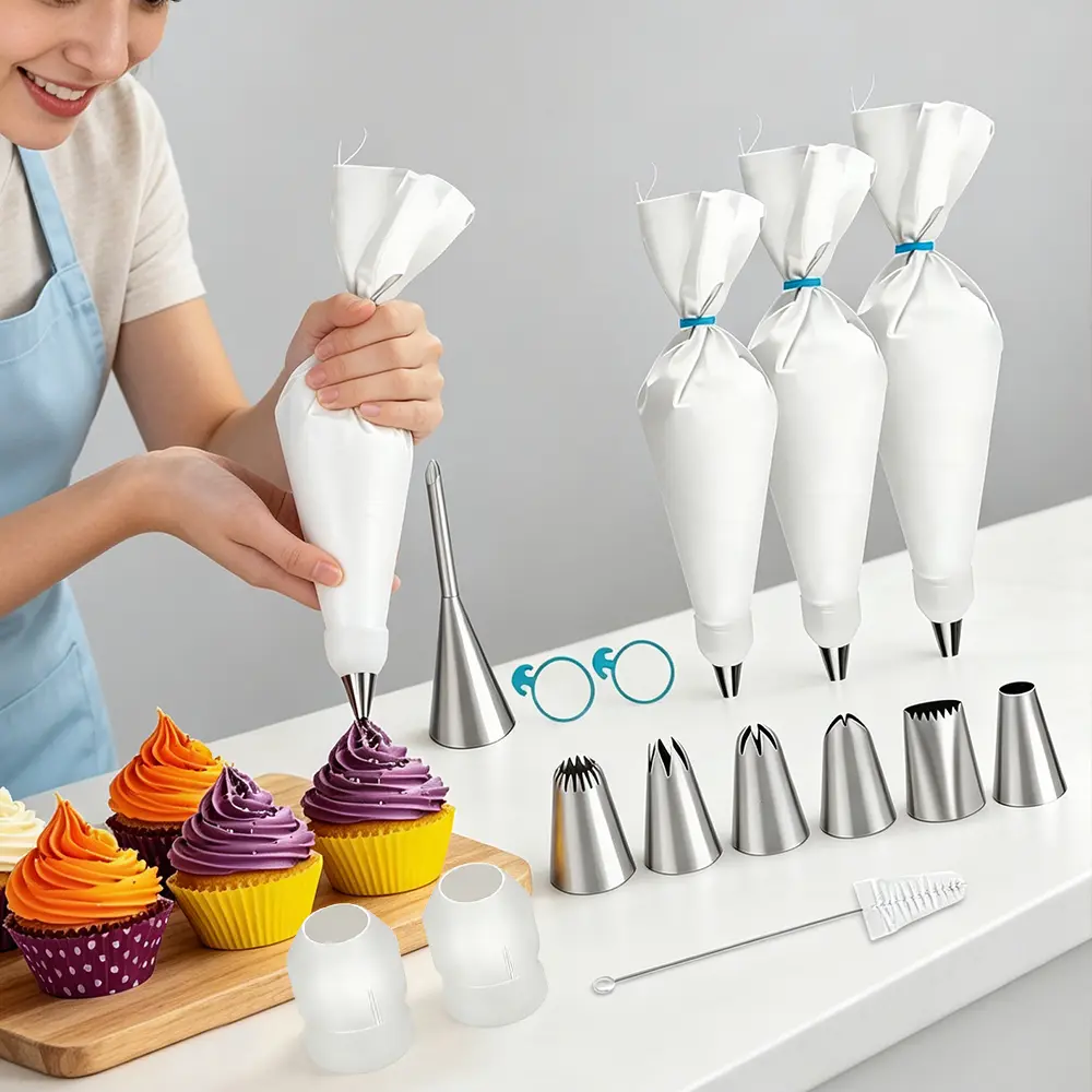 15-Pack Reusable Bakeware Piping Bags & Tips Set - 3 Pastry Bags (14/16/18in), 7 Piping Tips, 2 Couplers, 2 Silicone Rings, Cleaning Brush - for Easter,Weddings,Cake Decorating,Desserts,Friends,Family Home Bakers, Birthdays