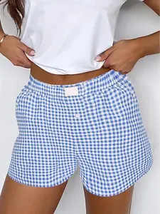 Women's Gingham High-Waisted Boxer Shorts - Comfortable, Casual Loungewear with Elastic Waist, Perfect Fit Lounge Bottoms