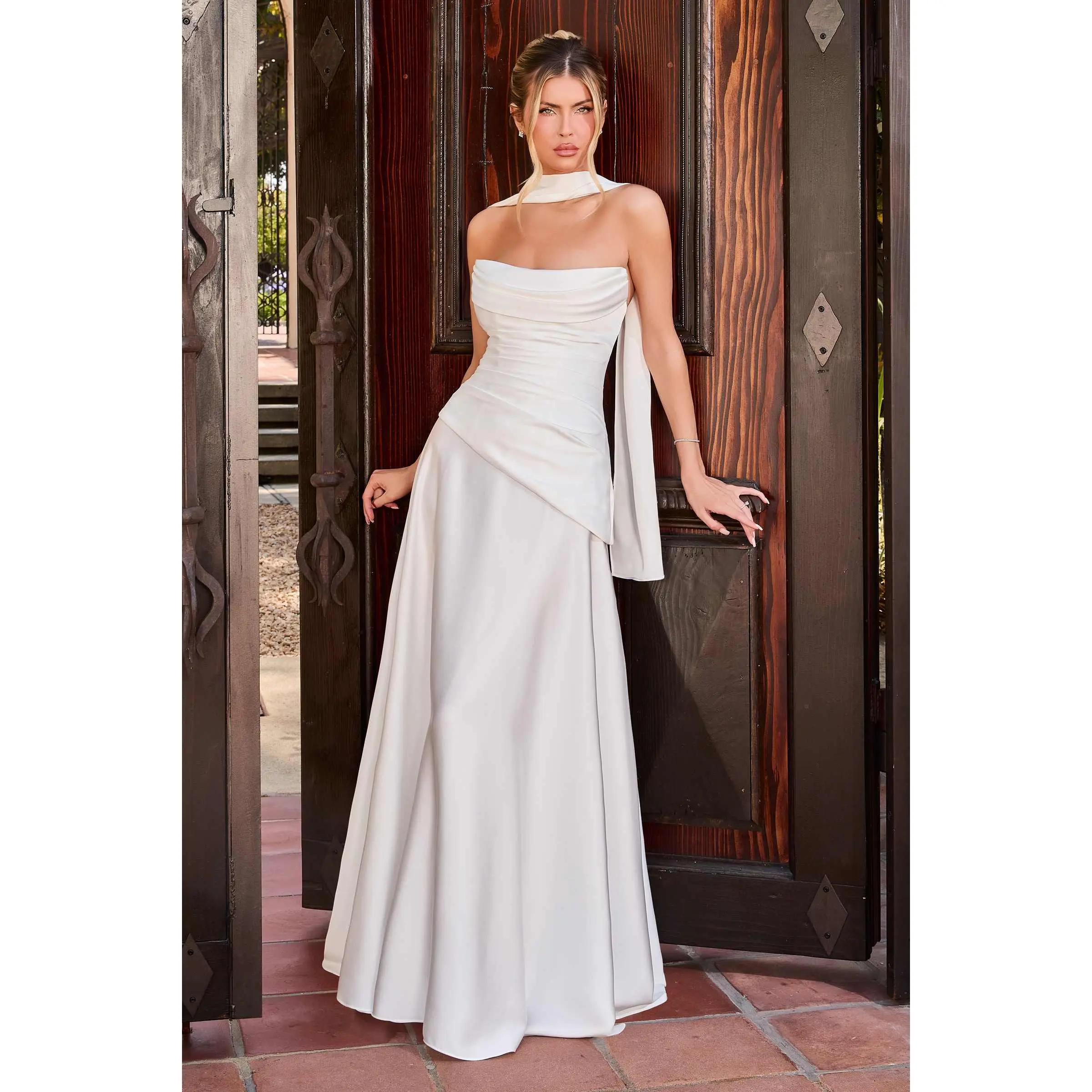 Women's Ladivine 7432W Bridal Satin Wedding Gown - Strapless, Fitted, Corset Back, Minimalist Design, Peplum Detailing, Premium Fabric
