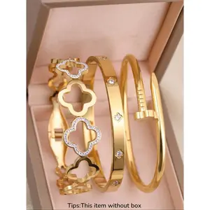 Women's Stainless Steel Bangle Bracelet Set, Chain & Flower Design Jewelry, Perfect Gift for Mom, Mother's Day, Birthday, Party Wear