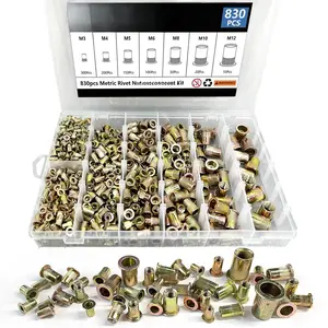 Rivet Nut Tool Kit, 830 count SAE/Metric Rivet Nut Assortment Kit M3, M4, M5, M6, M8, M10, M12, w Galvanized Carbon Steel Flat  Threaded Insert Nuts (Metric - 830 count)