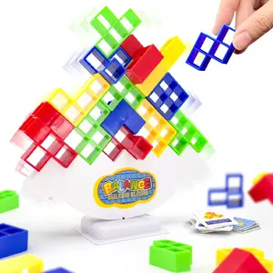 32/48/64PCS Balance Stacking Game for Adults and Kids, Tetromino Style Building Blocks Tower Game, Tabletop Party Game for 2 to 6 Players, Multiplayer Competitive Family Board Game, Fun Stacking Toy for Game Night, Hand Eye Coordination, Gift Idea