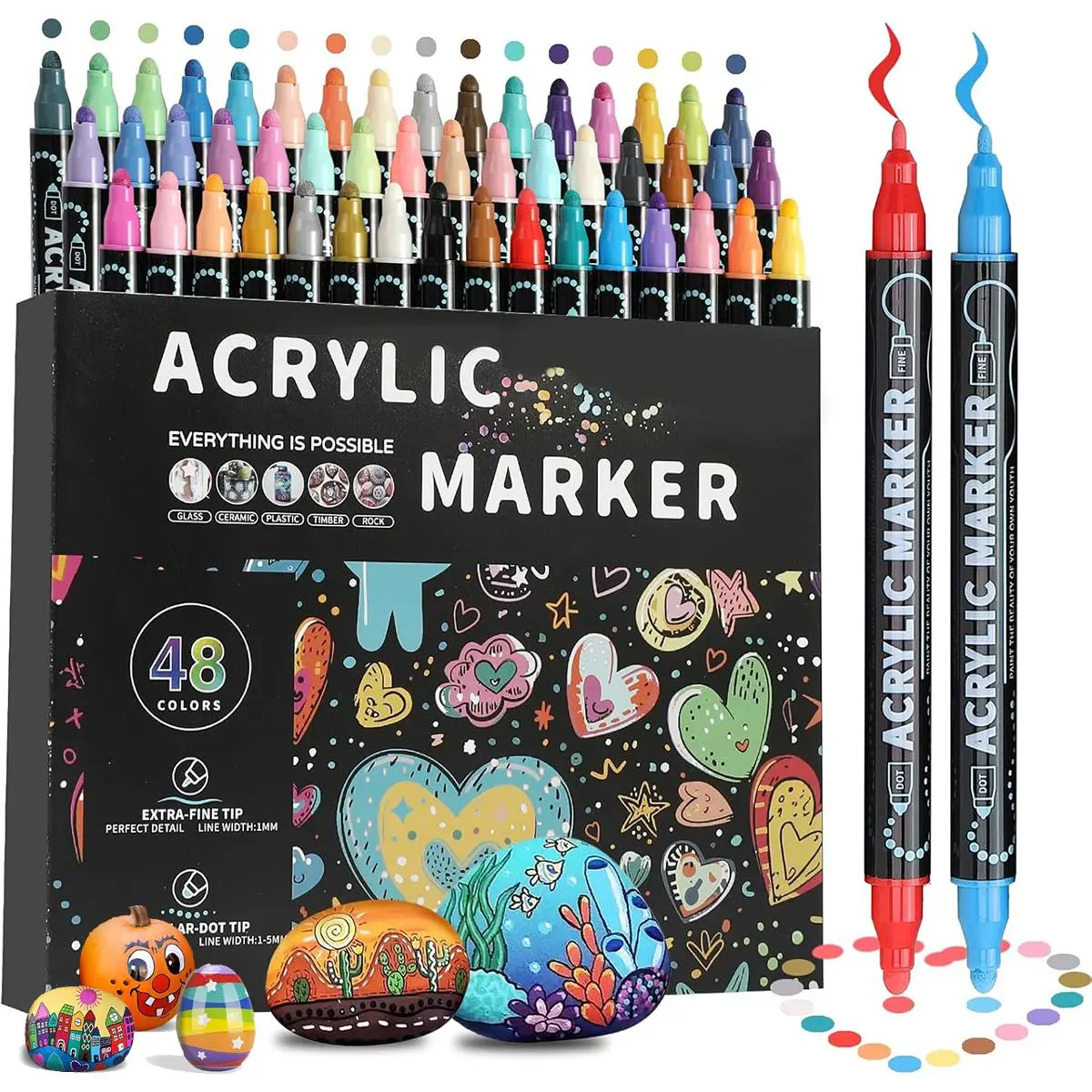 Acrylic Paint Marker Pen, 12/24/36/48pcs Dual Tip Acrylic Paint Pen, Acrylic Markers Set, Art Supplies for Wood, Canvas, Stone, Rock Painting, Glass, Ceramic Surfaces, Valentine's Day Gift, Acrylic Marker Pens