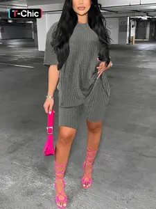 Two-Piece Set Women's Solid Round Neck Top & Elastic Waist Shorts Set, 2000s Clothes Sets, Casual Ribbed Summer 2 Piece Outfit Set for Daily Wear, Summer Sets, Ladies Summer Clothes Sets