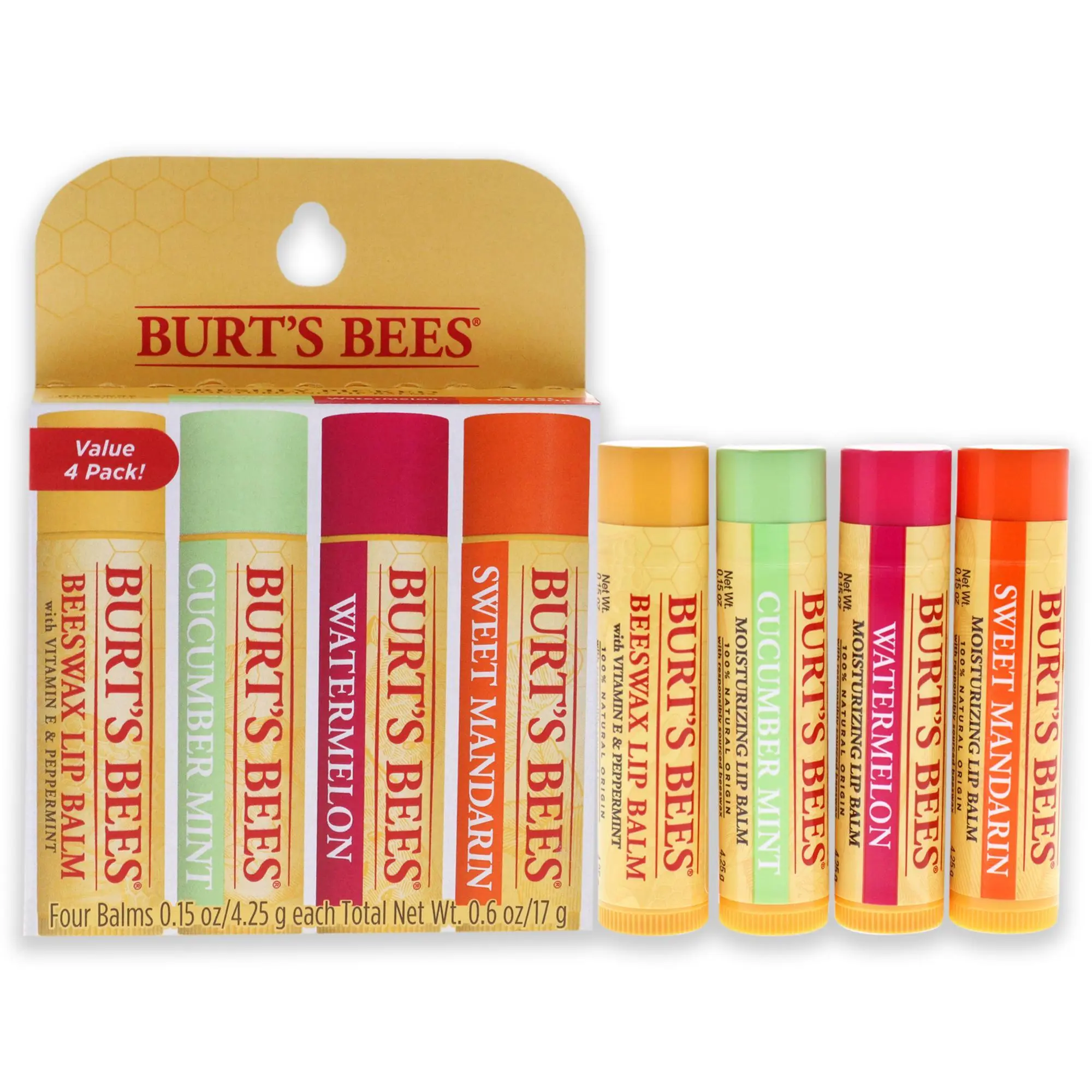 Burt's Bees Unisex Daily Freshly Picked Moisturizing Lip Balm Blister Pack - 4 x 0.15 oz (Watermelon, Sweet Mandarin, Beeswax, Cucumber Mint Varieties)