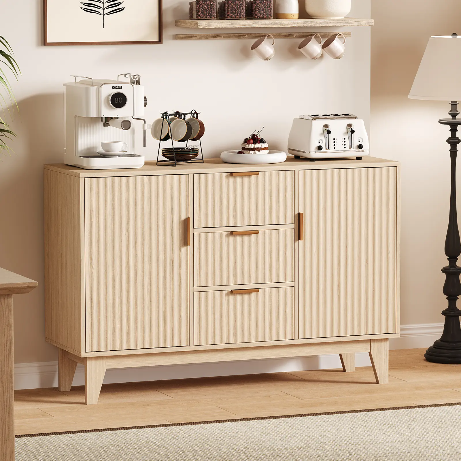 47" Fluted Sideboard Buffet Cabinet - Farmhouse Storage with 2 Doors & 3 Drawers, Wood Coffee Bar for Kitchen, Living Room & Dining Room