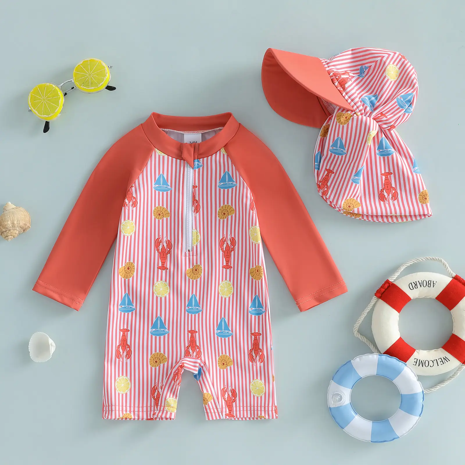Toddler Baby Boy Rash Guard Swimsuit Shrimp Print Long Sleeves Front Zipper Striped Bathing Suit with Hat 3M-3Y