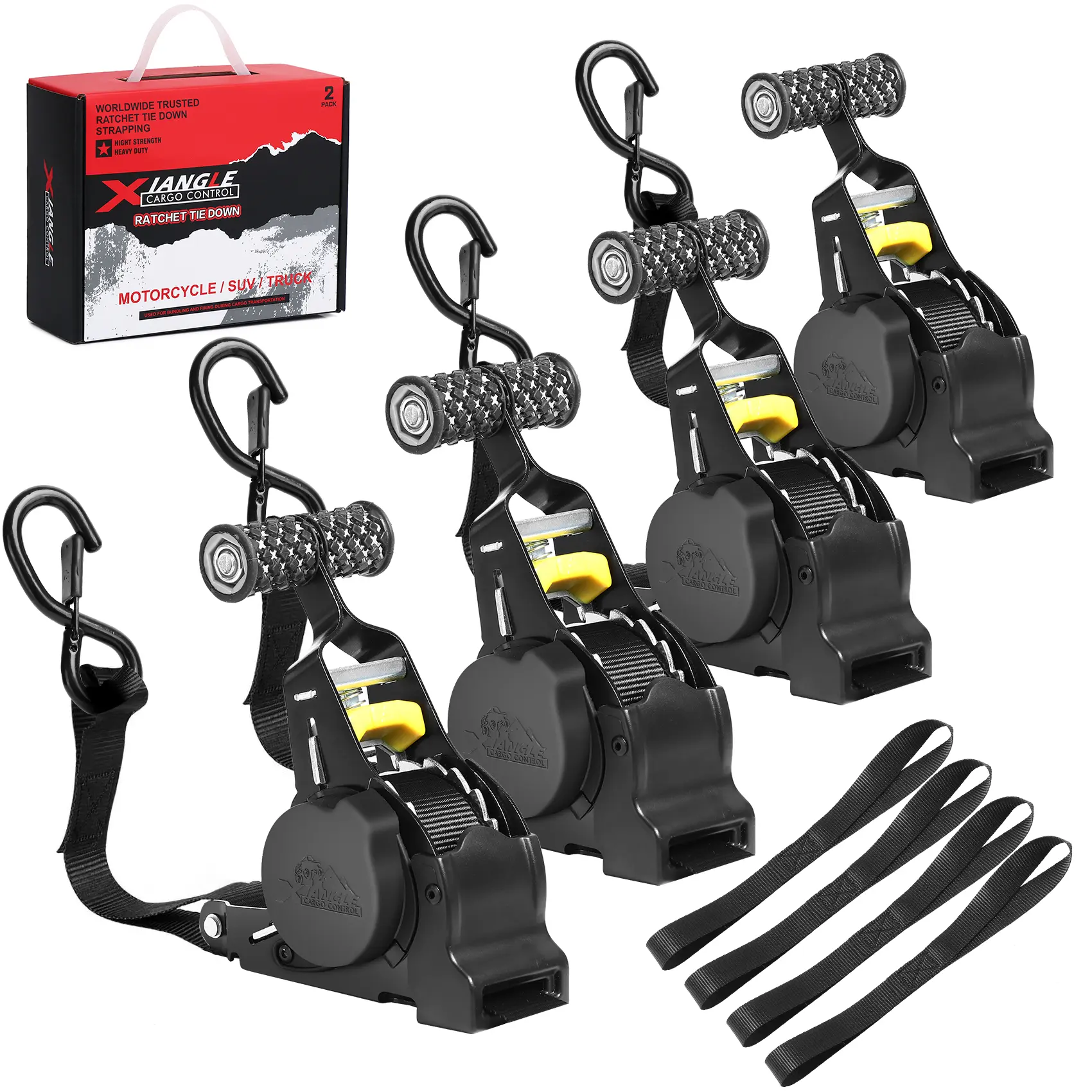 4-PACK 1x100 Heavy Duty Retractable Ratchet Tie Down Straps - Durable Retractable Tiedowns with Nylon Strap, Soft Loops, No Tangle, Non Slip for Cargo, Motorcycles, Kayaking Gear, Durable Tie Downs, Functional Tie-Downs