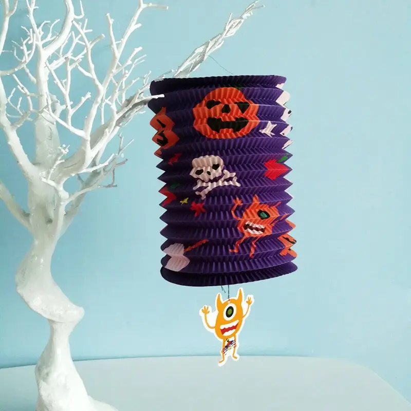 10pcs Halloween Accordion Lanterns, Ghost House Bar Scene Decorations, Pumpkin Light Hanging Ornaments, Foldable Paper Lanterns
