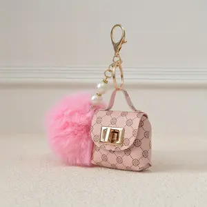 Elegant Mini Plush Wallet Keychain with Pearl & Pom-Pom - Black Faux Leather Coin Purse & Earphone Holder, Decorative Bag Charm with Golden-Tone Clasp, Ideal Valentine's Gift, Small Wallet