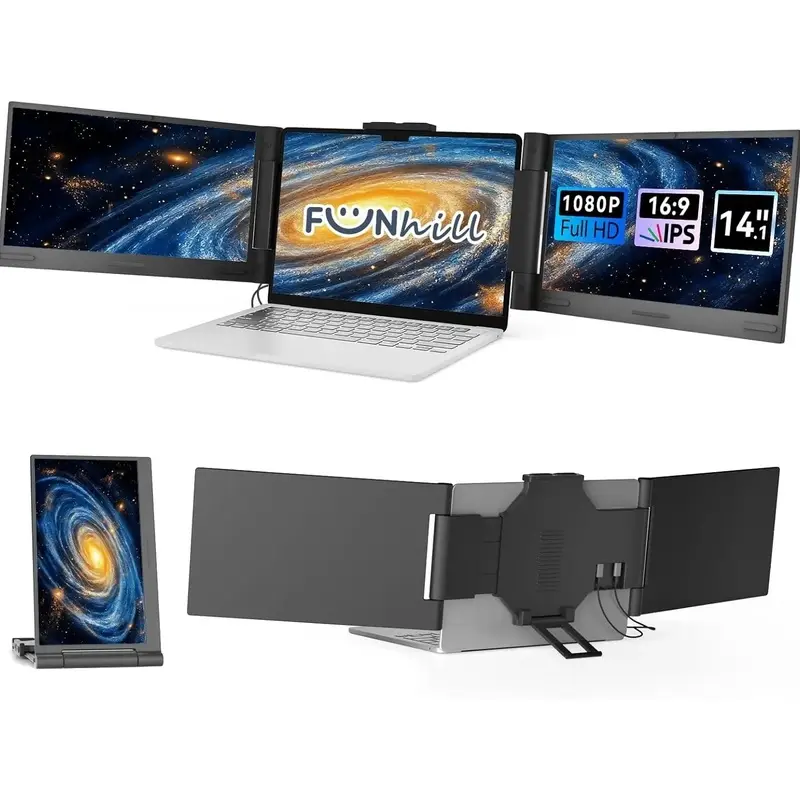 Laptop Screen Extender 14 inch Laptop Monitor Extender 1080P IPS, Triple Portable Monitor for Laptops 13-17.3" with USB-C DP/HDMI Port, Plug-Play Portable Screen for Windows/Mac/Chrome/Android