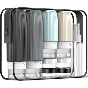 Travel Bottles for Toiletries (18 Pack), TSA Approved Size Silicone Containers Jar Kit, Airplane Essentials Toiletry Bag, Leak Proof Refillable Accessories for Conditioner, Shampoo, Lotion & Body Wash
