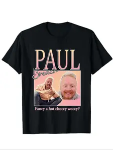 Paul Breach's 'Fancy a hot choccy woccy' iconic Graphic T-shirt is the perfect gift, it features prints for Paul Breach fans and viral personality lovers, this casual wear includes Paul Breach's print and catchphrase, suitable for fan-themed gifts
