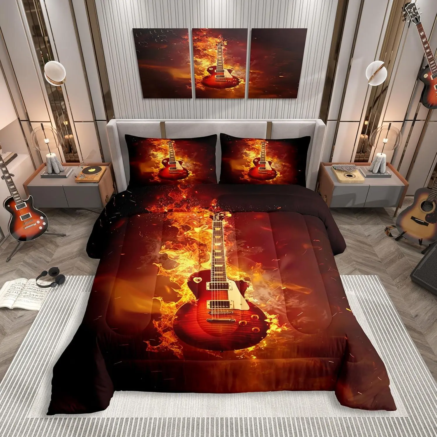 Guitar Comforter Sets,Rock Music Themed Bedding Sets Youth Men,Musical Instrument Music Theme Quilt Set,Realistic Musical Flame Duvet Insert