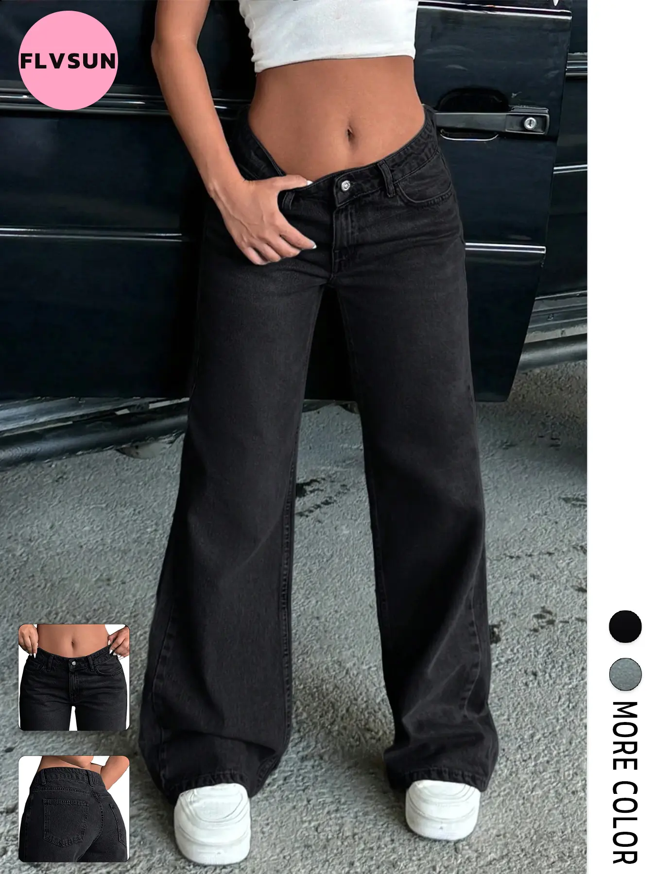 Flvsun Women's 2000s Low Rise Ultra Baggy Flared Jeans - Washed Black Oversized Baggy Pants, Button Accents, High-Quality Soft Lightweight Breathable Fabric, Streetwear, 90s Vintage Vibes, Comfy Pants, Going Out Bottoms, Butterfly Detail, Alterable