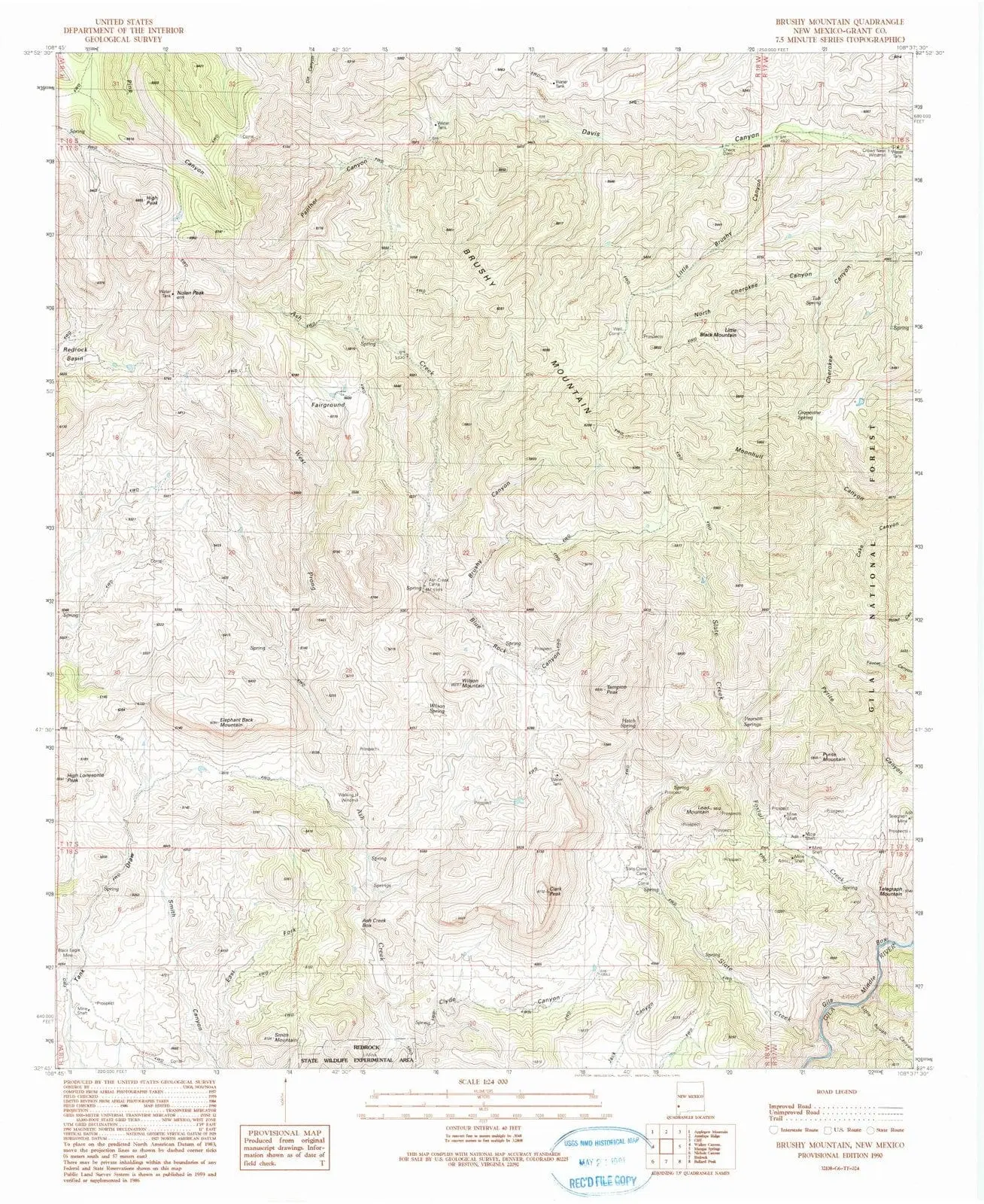 Brushy Mountain New Mexico USGS Topographic Quadrangle Map, 1990, 1:24000