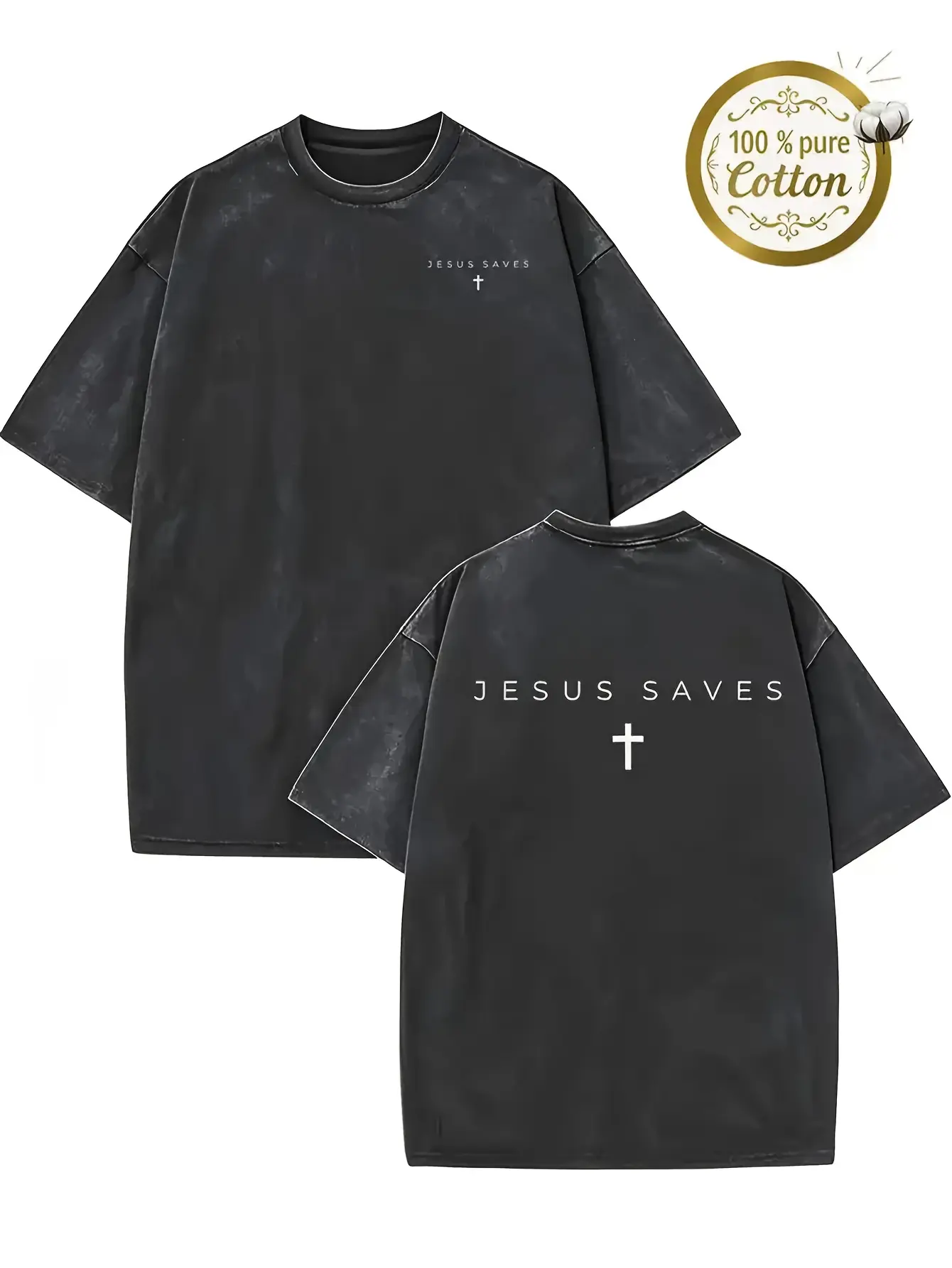 1pc Women's Heavyweight 230 GSM Christian T-Shirt - Jesus Cross Design, Vintage Washed Oversized Loose Fit Longline Shirt, All-Season Casual Church Wear & Religious Apparel heavyweight pure cotton t-shirt christian scripture Crewneck Tshirt fathersdaygift